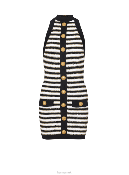 Clothing D002271 White Balmain Women Striped Knit Dress