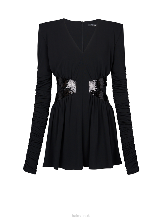 Clothing D002273 Black Balmain Women Short Knit Sequin Dress