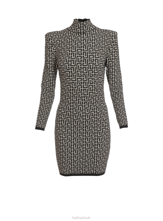 Clothing D002274 Black Balmain Women Short Bicolor Jacquard Knit Dress With Brand Monogram