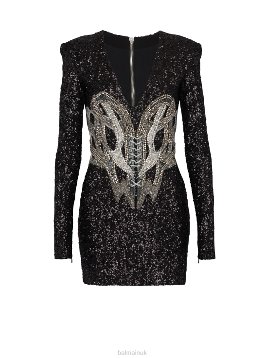 Clothing D002275 Black Balmain Women Short Embroidered Dress