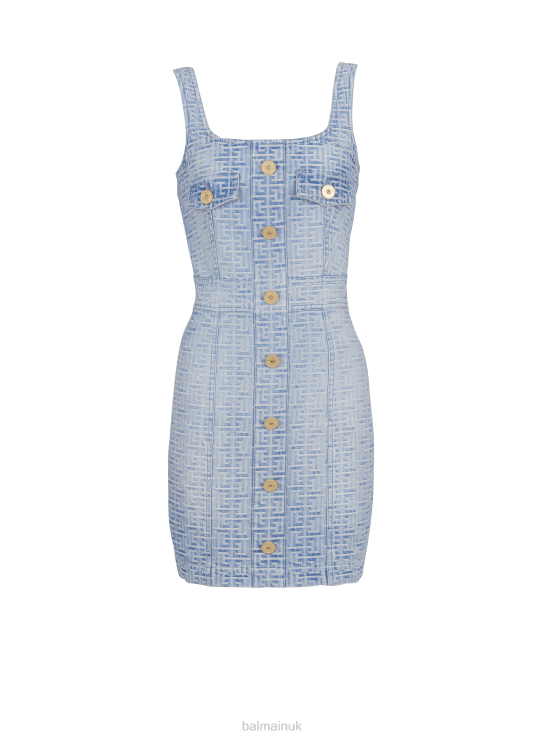 Clothing D00227 Blue Balmain Women Monogrammed Short Denim Dress