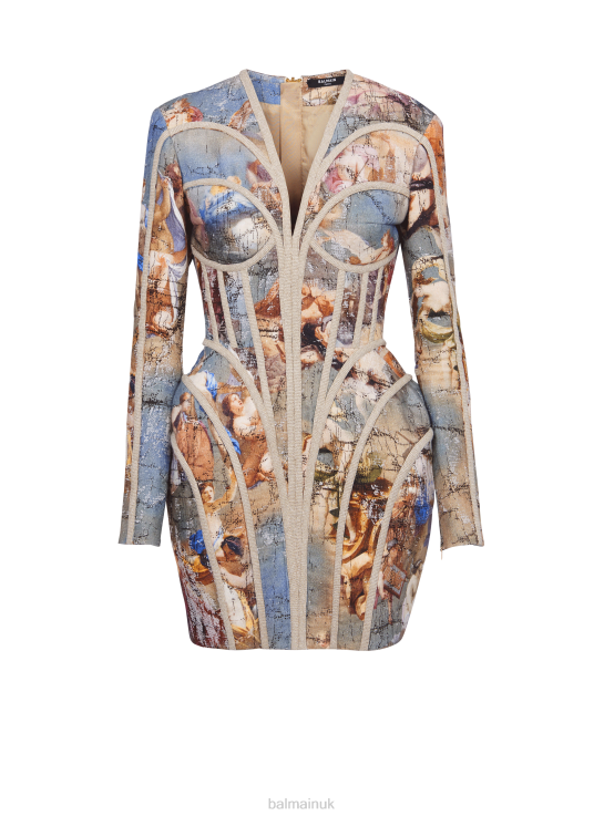 Clothing D00228 Multicolor Balmain Women Sky Printed Linen Cage Dress