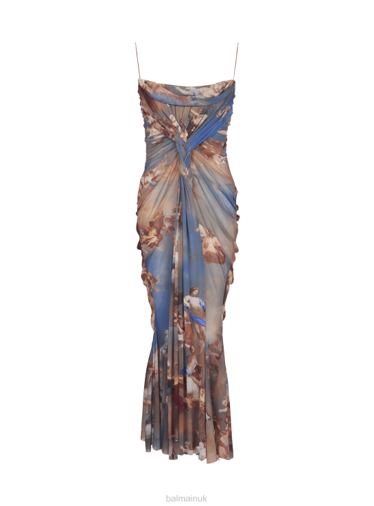 Clothing D00229 Multicolor Balmain Women Sky Printed Draped Tulle Maxi Dress