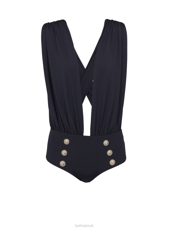 Clothing D0022425 Black Balmain Women Draped Swimsuit With Embossed Buttons