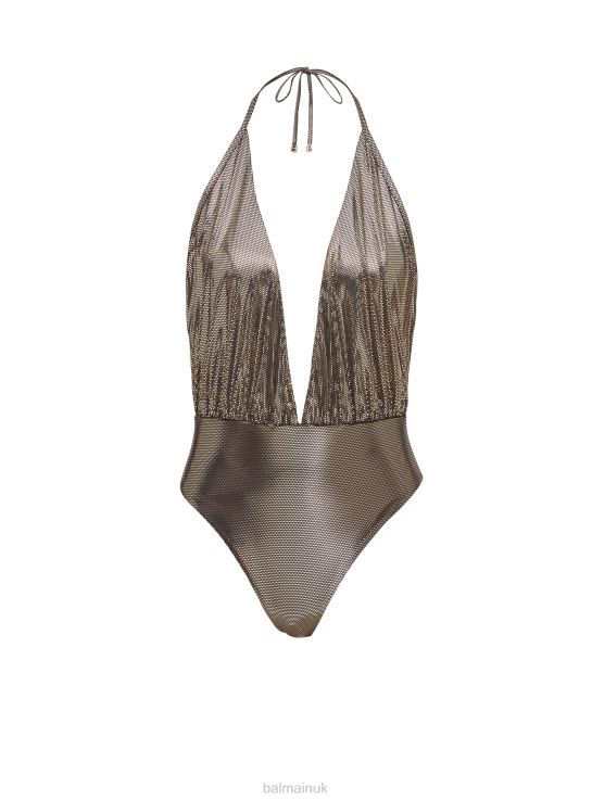 Clothing D0022427 Gold Balmain Women Draped Metallic Swimsuit